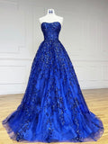 A-Line Sweetheart Neck Tulle Sequin Blue Long Prom Dress, Blue Long Formal Dress