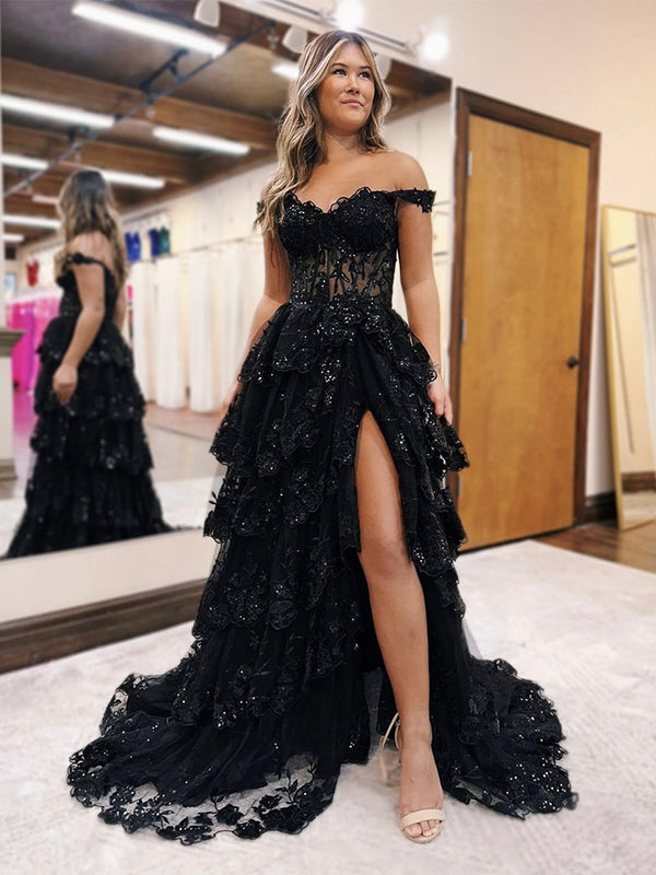 A-Line Sweetheart Neck Tulle Sequin Lace Black Long Prom Dress