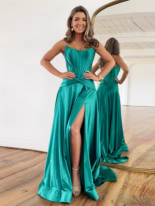 Simple A-Line Satin Green Long Prom Dress, Green Long Formal Dress