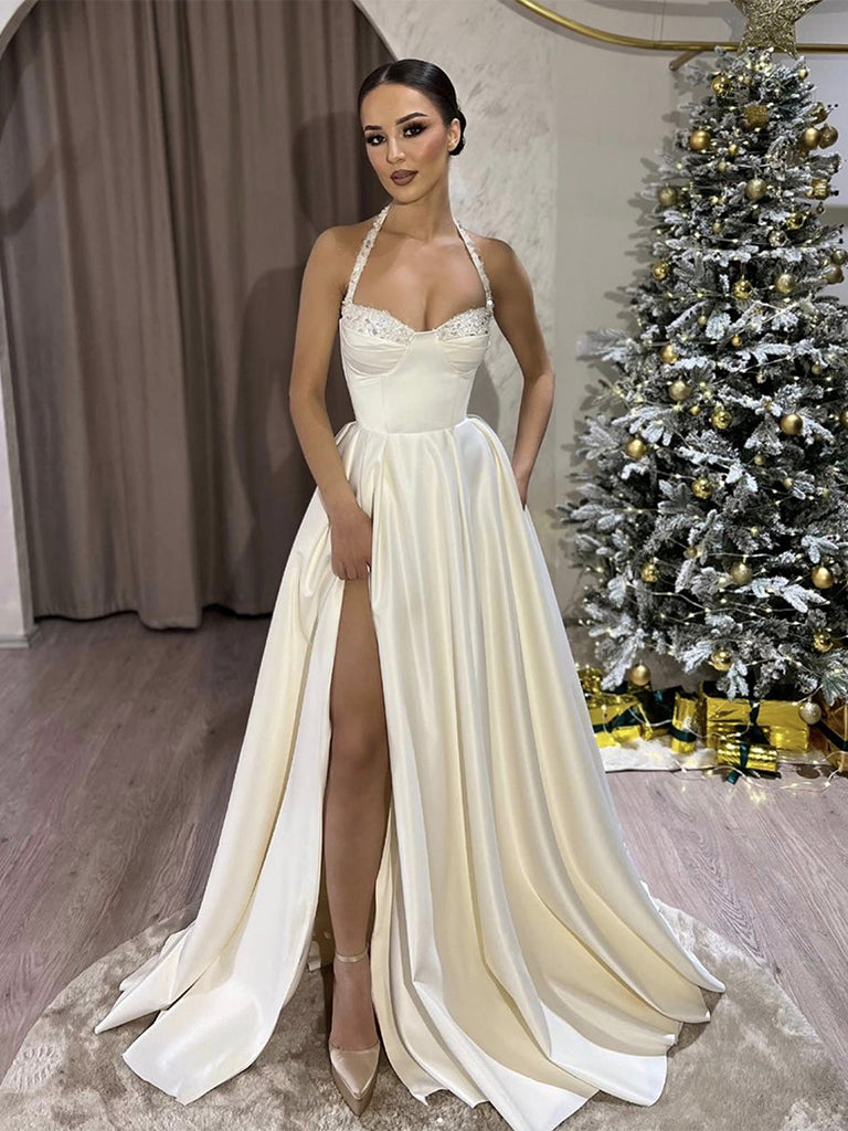 A-Line Sweetheart Neck Satin Beads Beige Long Prom Dress, Beige Long Evening Dress