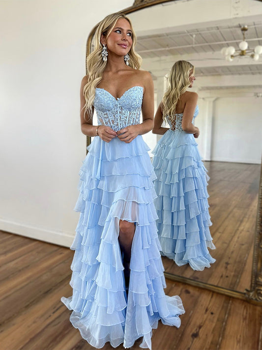 A-Line Sweetheart Neck Lace Chiffon Blue Long Prom Dress, Blue Lace Long Formal Dress