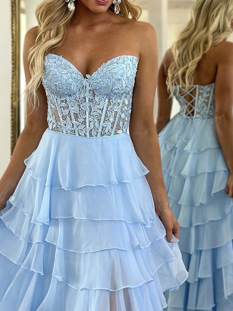 A-Line Sweetheart Neck Lace Chiffon Blue Long Prom Dress, Blue Lace Lo ...