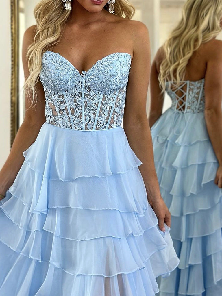 A-Line Sweetheart Neck Lace Chiffon Blue Long Prom Dress, Blue Lace Lo A-Line Sweetheart Neck Lace Chiffon Blue Long Prom Dress, Blue Lace Lo