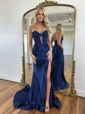 Off the shoulders Sweetheart Neck Satin Lace Blue Long Prom Dress