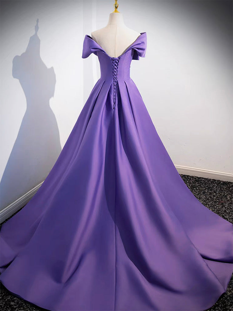 Simple Off Shoulder Satin Purple Long Prom Dress, Purple Long Evening Dress