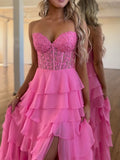 A-Line Sweetheart Neck Lace Chiffon Pink Long Prom Dress, Pink Lace Long Formal Dress