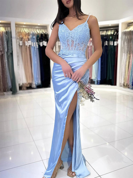 Blue V Neck Lace Satin Mermaid Long Prom Dress, Blue Lace Long Formal Dress