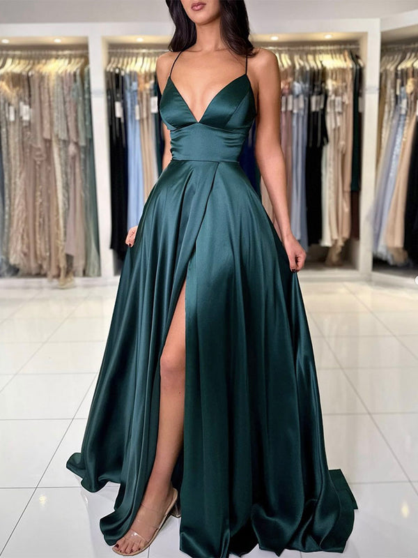 A-Line V Neck Dark Green Satin Long Prom Dress, Dark Green Evening Dre