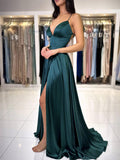 A-Line V Neck Dark Green Satin Long Prom Dress, Dark Green Evening Dress