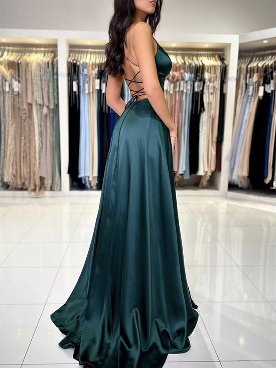V Neck Dark Green Retract Your Waist Long Formal Evening Dresses main image 1