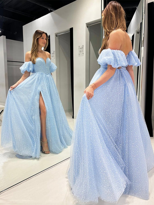 A-Line Sweetheart Neck Tulle Long Prom Dress, Blue Long Formal Dress