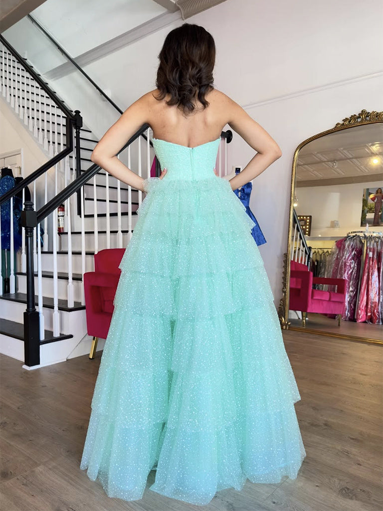 A-Line Sweetheart Neck Tulle Blue Long Prom Dress, Blue Long Graduation Dress