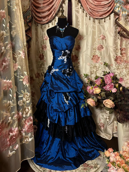 A-line Retro Sweetheart Neck Taffeta Blue Long Prom Dress, Blue Sweet 16 Dress