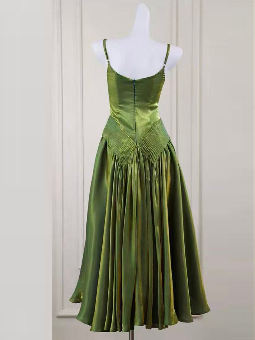 A-line V Neck Silk Tea Length Green Prom Dress, Green Formal Dress