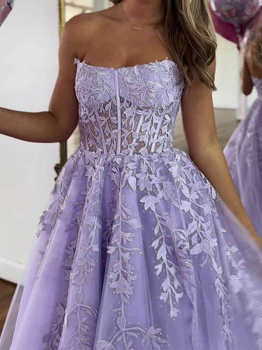 Purple Tulle Lace Long Prom Dress, A-Line Long  Lace Formal Dress