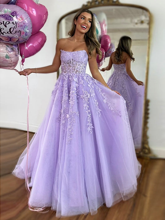 Purple Tulle Lace Long Prom Dress, A-Line Long  Lace Formal Dress