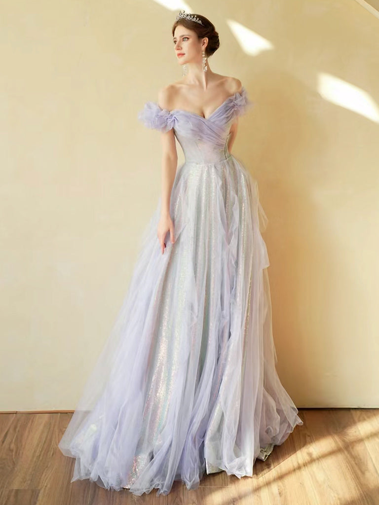 A-Line Off Shoulder Tulle Sequin Purple Long Prom Dress, Purple Long Formal Dress