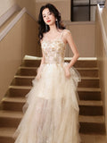 A-Line Sweetheart Neck Beads Champagne Long Prom Dress, Champagne Homecoming Dress