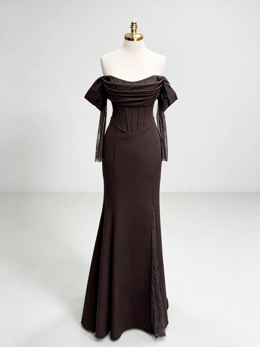 Unique Spoon Neck Satin Lace Coffee Brown Long Prom Dress with Long Sleeves