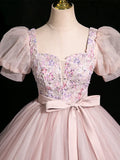 A-Line Puff Sleeves Pink Tulle Sequin Pink Long Prom Dress, Pink Long Evening Dress