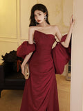 A-Line Taffeta Puff Sleeves Burgundy Long Prom Dress, Burgundy Long Formal Dress