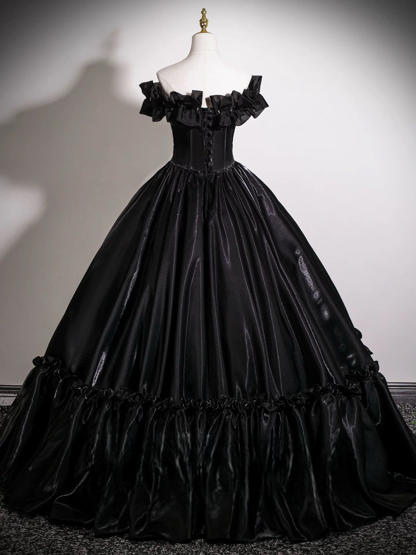 A-Line Off Shoulder Satin Black Long Prom Dress, Black Long Formal Dress