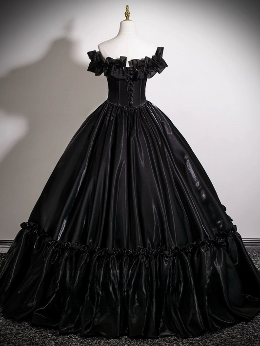 A-Line Off Shoulder Satin Black Long Prom Dress, Black Long Formal Dress