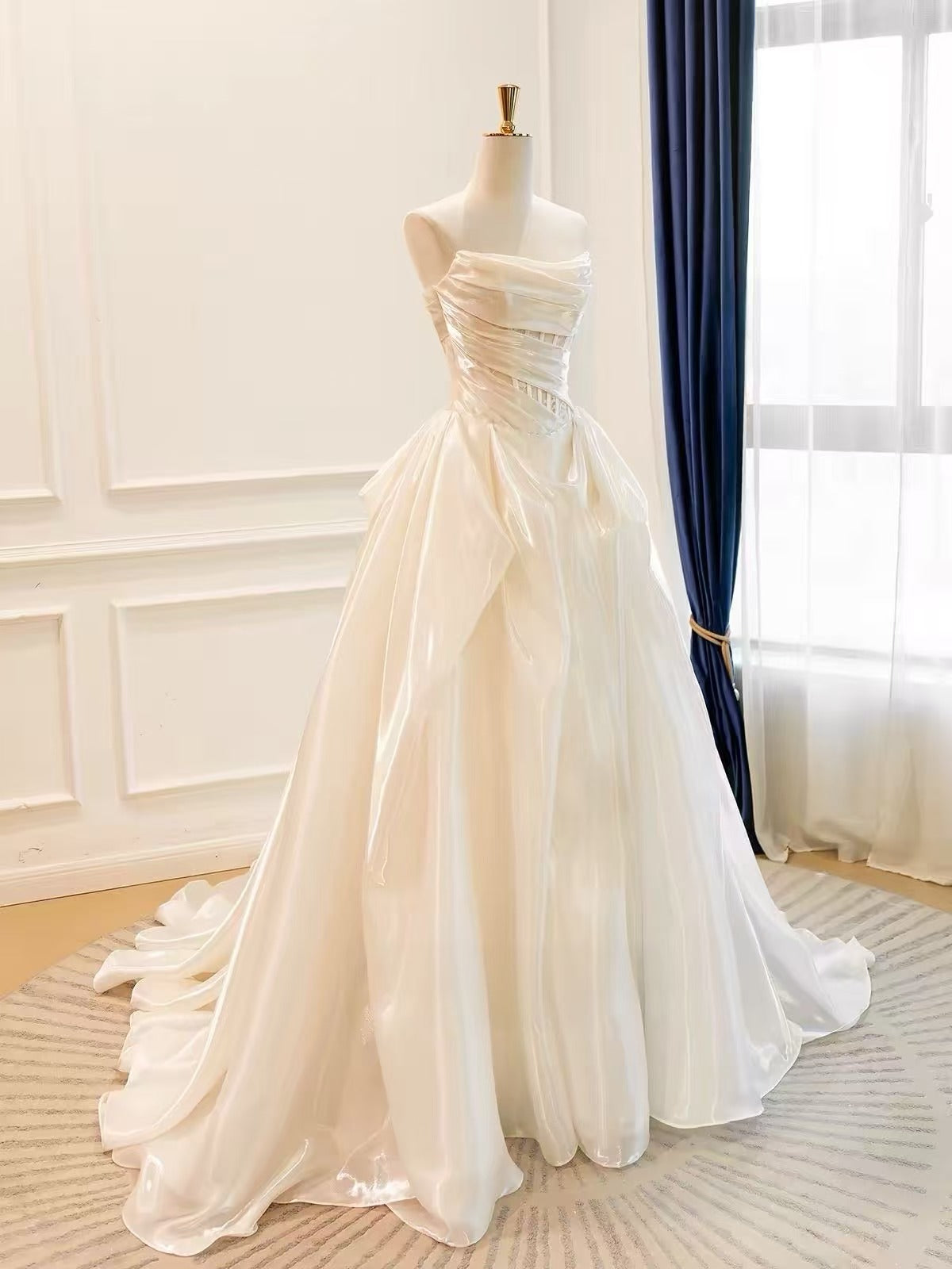 A-line Organza irregular Sweep Train Ivory Long Prom Dress