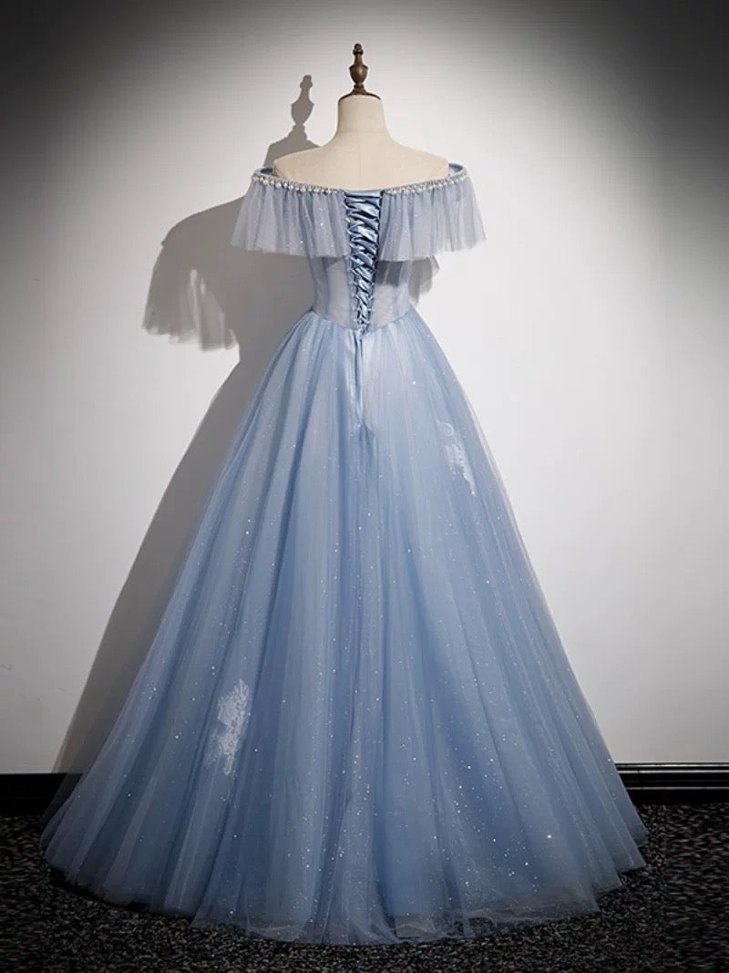 A-Line Off Shoulder Tulle Blue Long Prom Dress, Blue Long Formal Dress