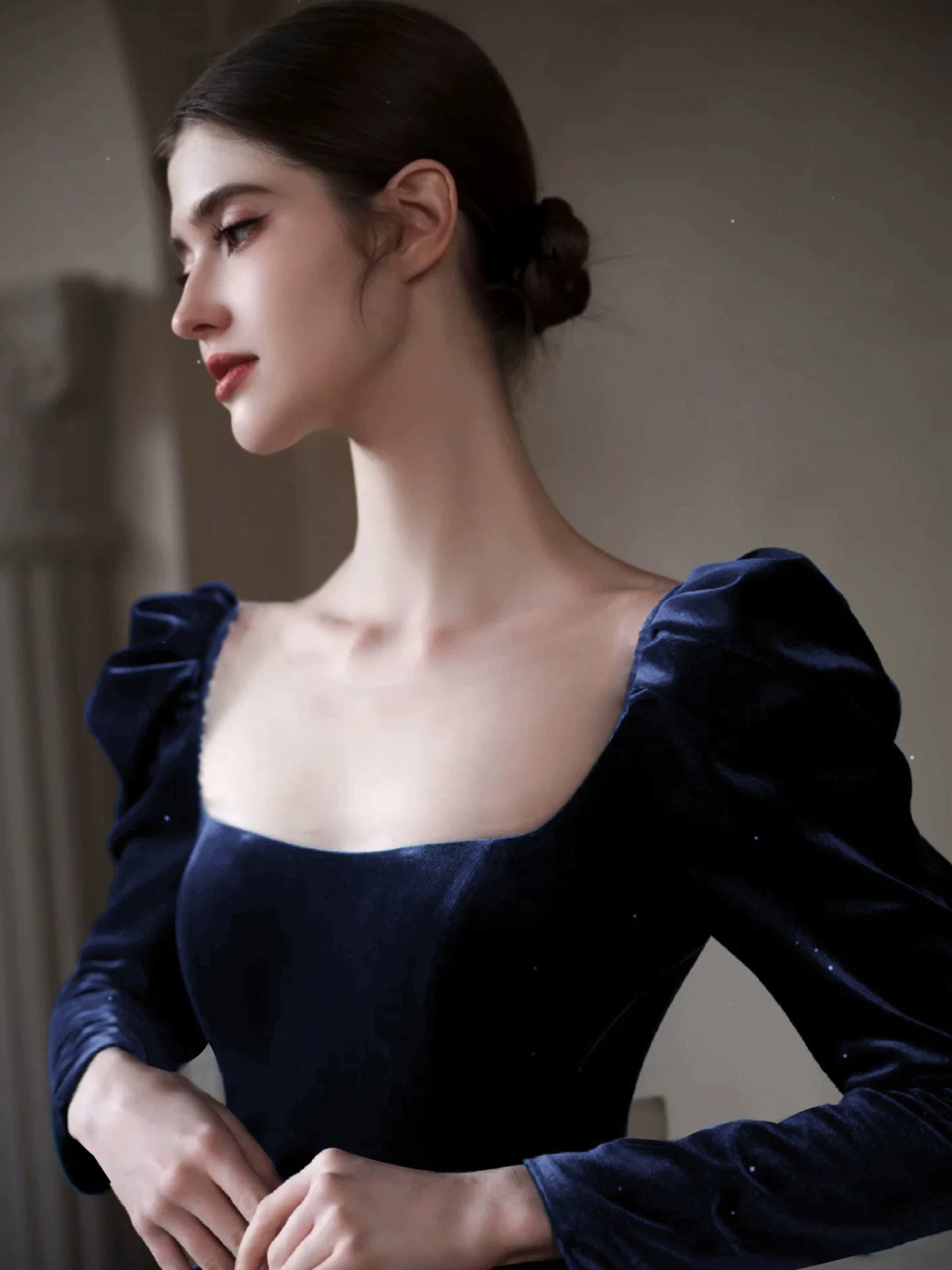A-Line Long Sleeves Velvet Dark Blue Long Prom Dress, Dark Blue Long Evening Dress