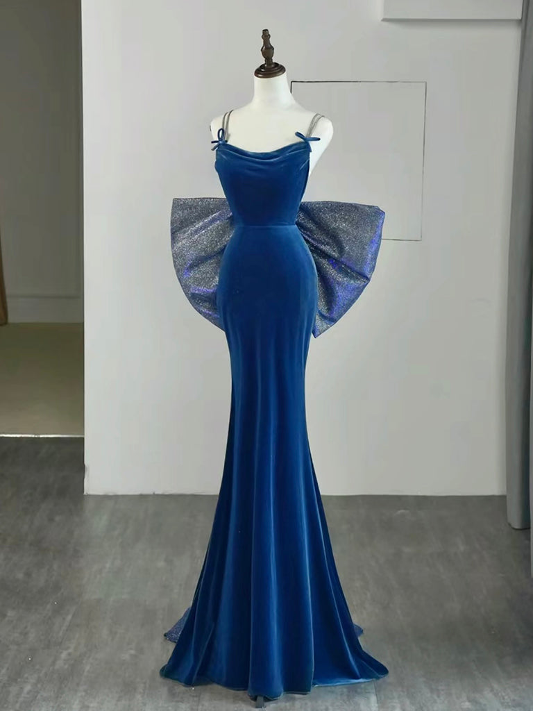 Mermaid Velvet Blue Long Prom Dress, Blue Long Evening Dress