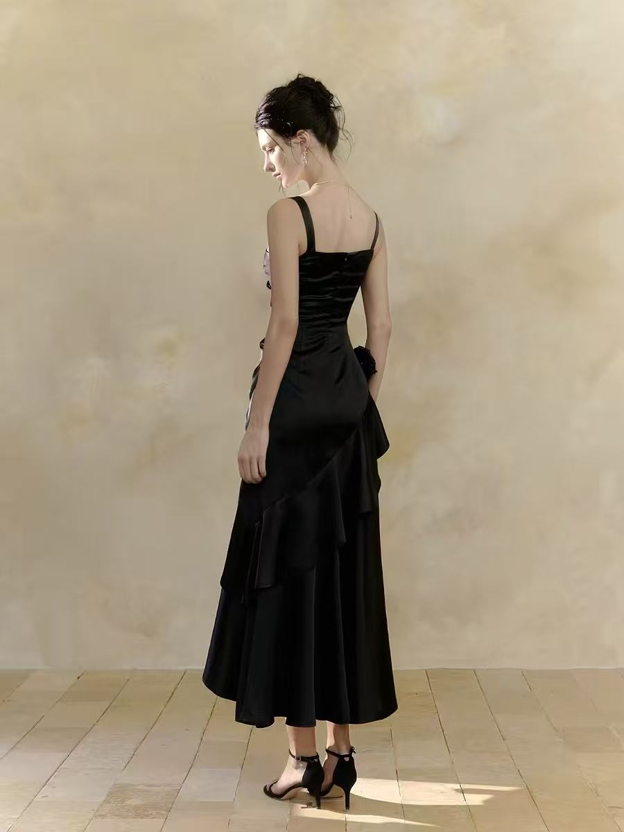 Simple V Neck Mermaid Satin Tea Length Black Prom Dress