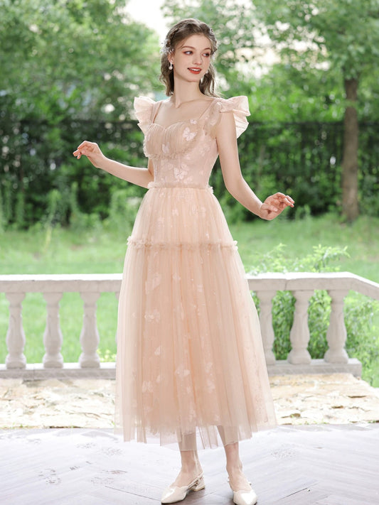 A-Line Tulle Lace Tea Length Pink Prom Dress, Pink Long Formal Dress