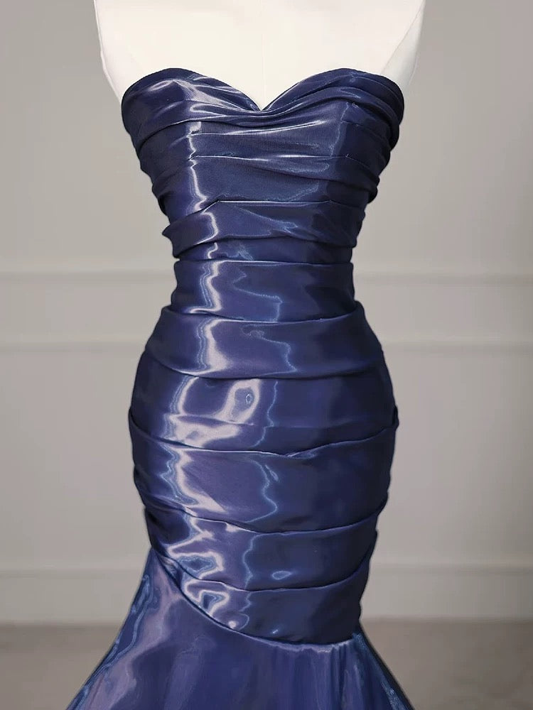 Mermaid Sweetheart Neck Water Satin Dark Blue Long Prom Dress