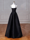 A-Line Sweetheart Neck Satin Black Long Prom Dress, Black Long Evening Dress