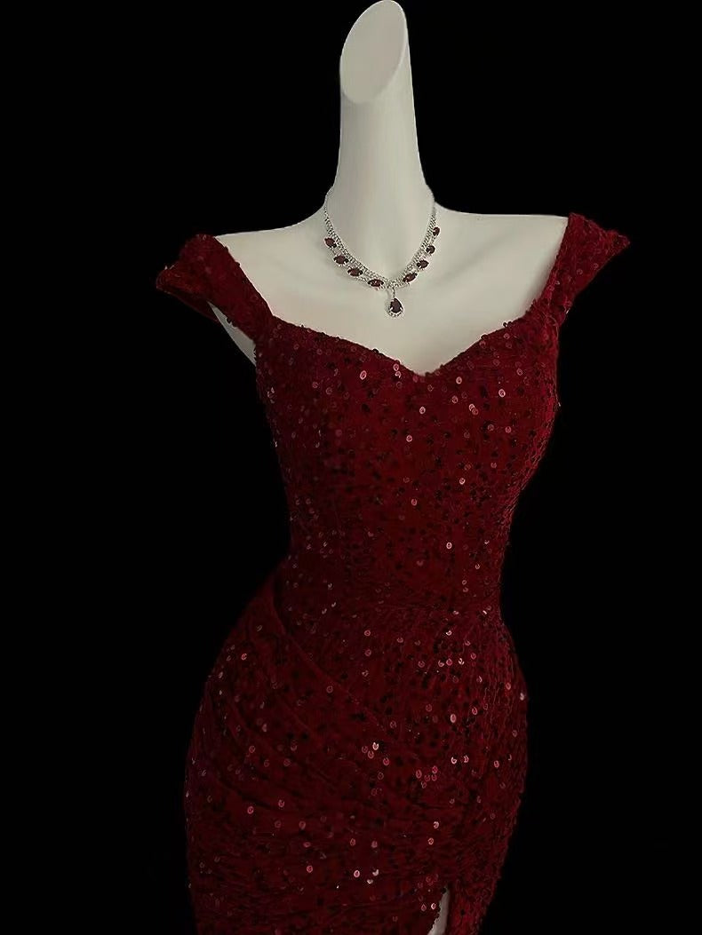 Mermaid Sweetheart Off Shoulder velvet Sequin Long Prom Dress