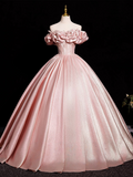 A-Line Off Shoulder Satin Pink Long Prom Dress, Pink Long Formal Dress