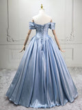A-Line Off Shoulder Satin Blue Long Prom Dress, Blue Long Formal Dress