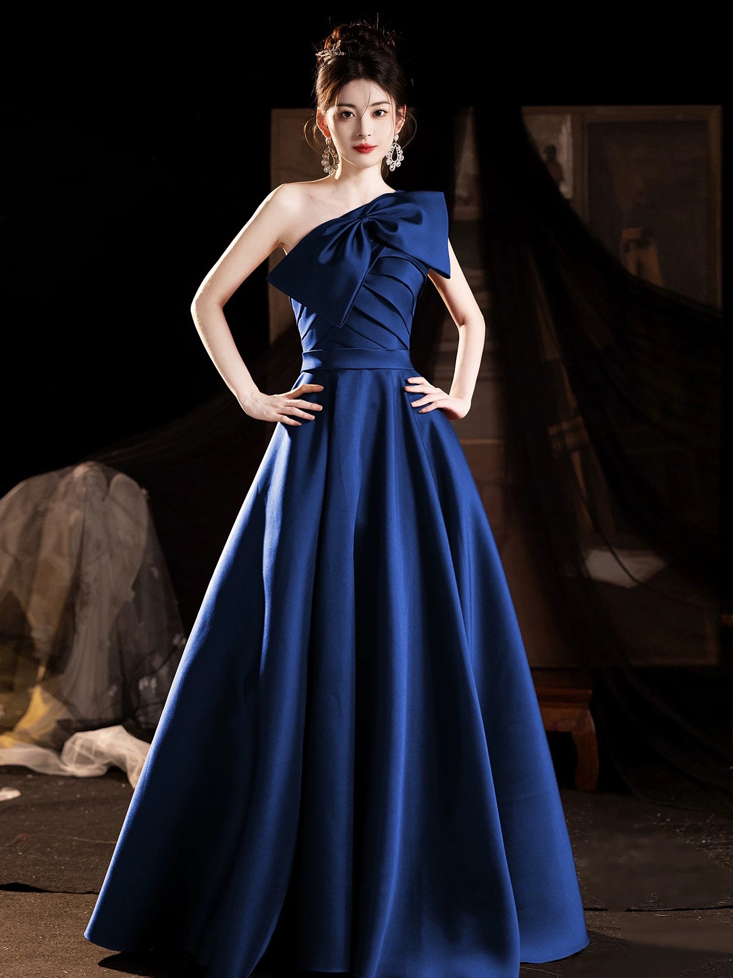 A-Line One Shoulder Satin Blue Long Prom Dress, Blue Long Formal Dress