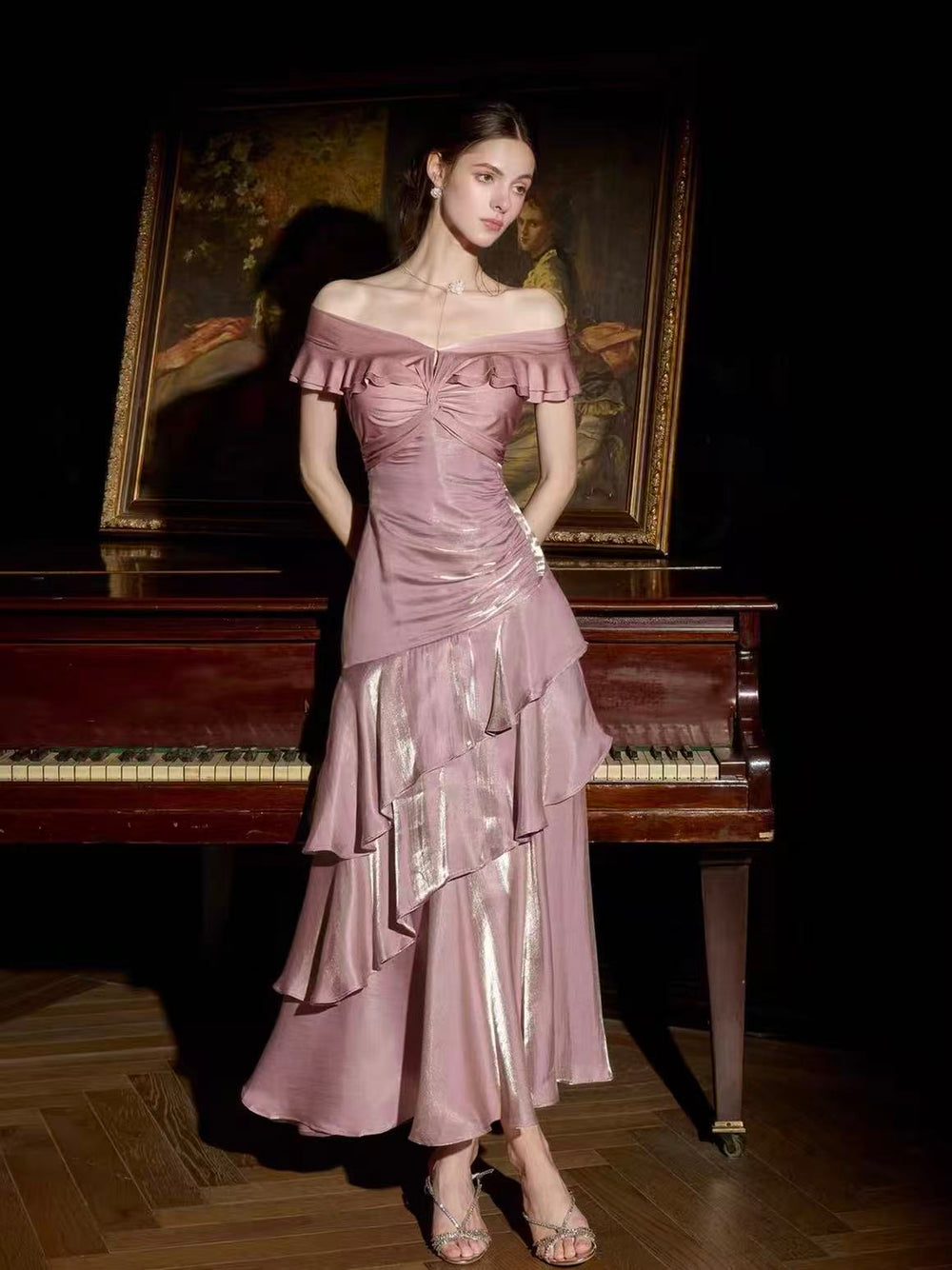 Simple Mermaid Off Shoulder Silk Pink Long Prom Dress