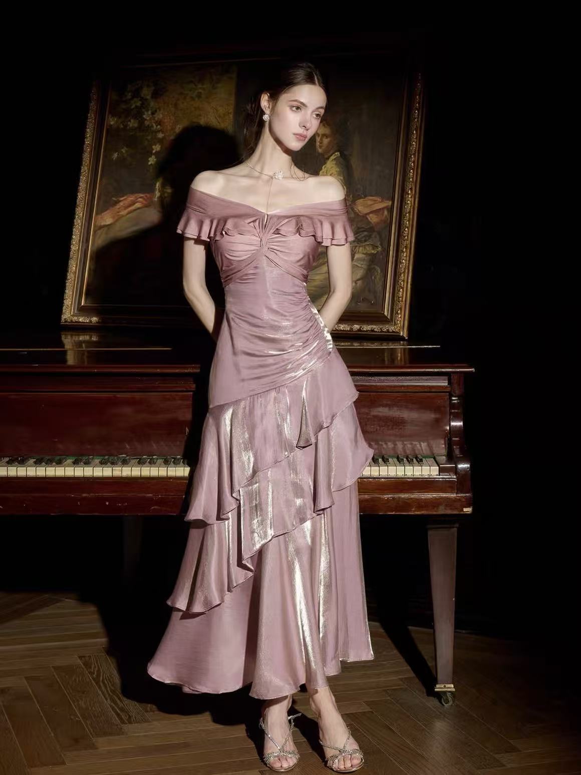 Simple Mermaid Off Shoulder Silk Pink Long Prom Dress