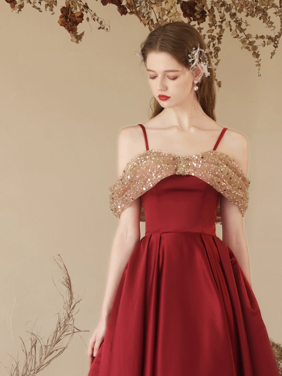 A-Line Off Shoulder Sweetheart Neck Tea Length Burgundy Prom Dress