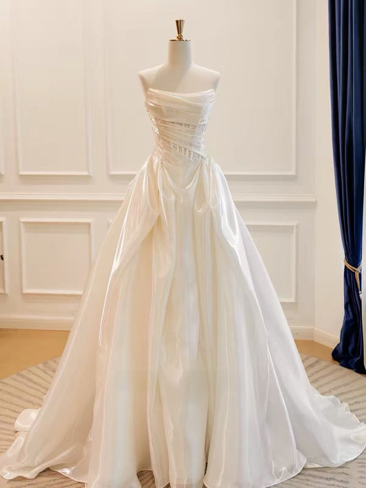 A-line Organza irregular Sweep Train Ivory Long Prom Dress