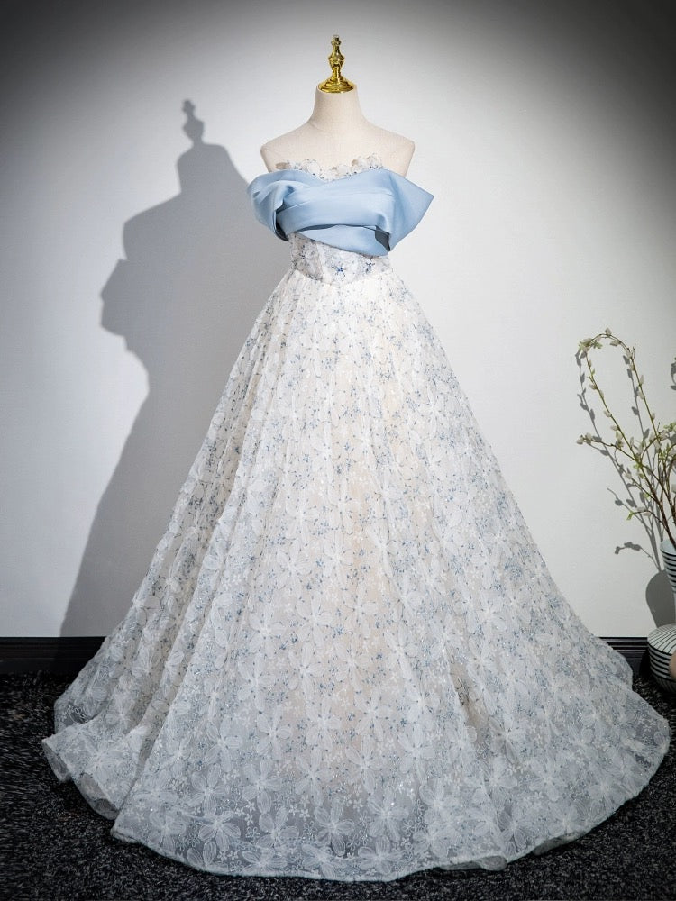 A-Line Off Shoulder Tulle Lace Blue Long Prom Dress, Blue Long Evening ...