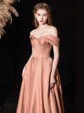 A-Line Off Shoulder Satin Pink Long Prom Dress, Pink Long Formal Dress