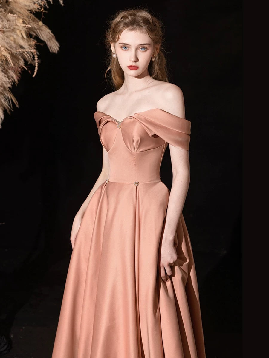 A-Line Off Shoulder Satin Pink Long Prom Dress, Pink Long Formal Dress