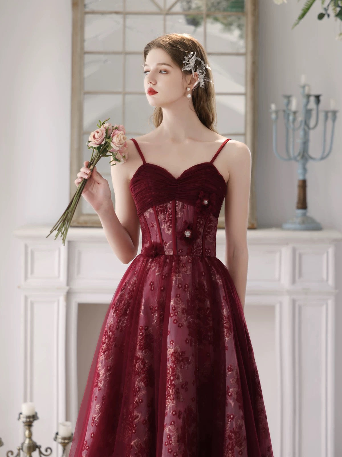 A-Line Sweetheart Neck Tulle Lace Burgundy Long Prom Dress, Burgundy Long Formal Dress