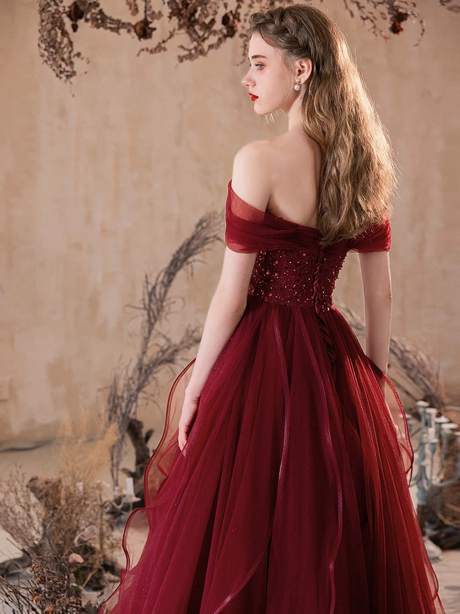 Ball Gown Off Shoulder Tulle Flower Floor Length Burgundy Prom Dress