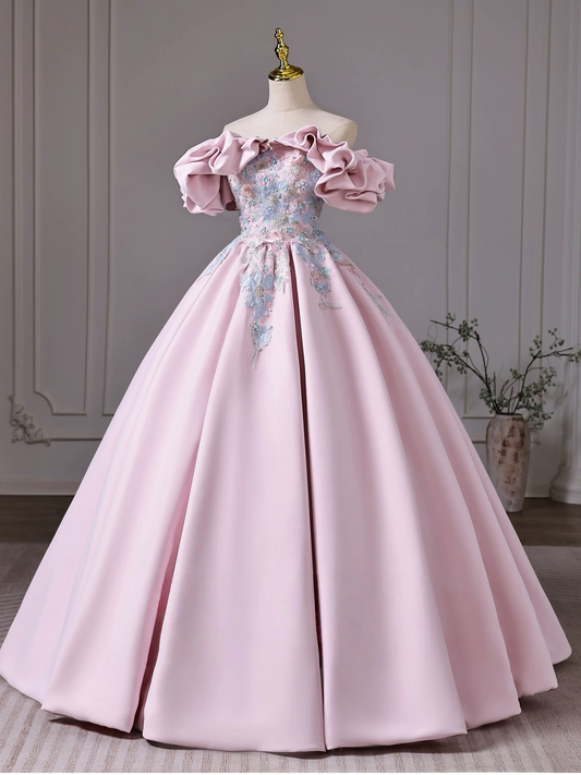 A-Line Off Shoulder Satin Lace Pink Long Prom Dress, Pink Long Evening Dress