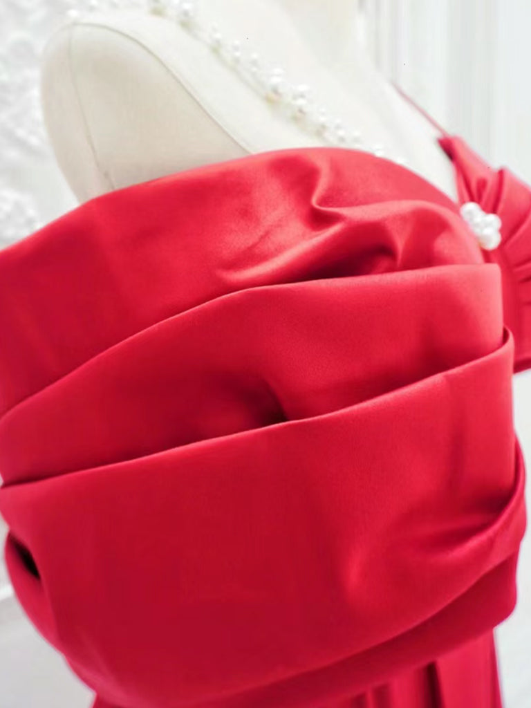 A-Line Off Shoulder Satin Red Long Prom Dress, Red Long Formal Dress